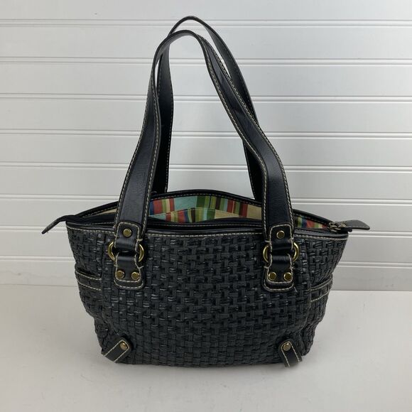 Fossil Modern Vintage Raffia Black Rattan Leather Woven Satchel Shoulder Bag Key - Picture 9 of 16